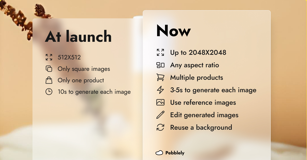 Pebblely app features at launch and now