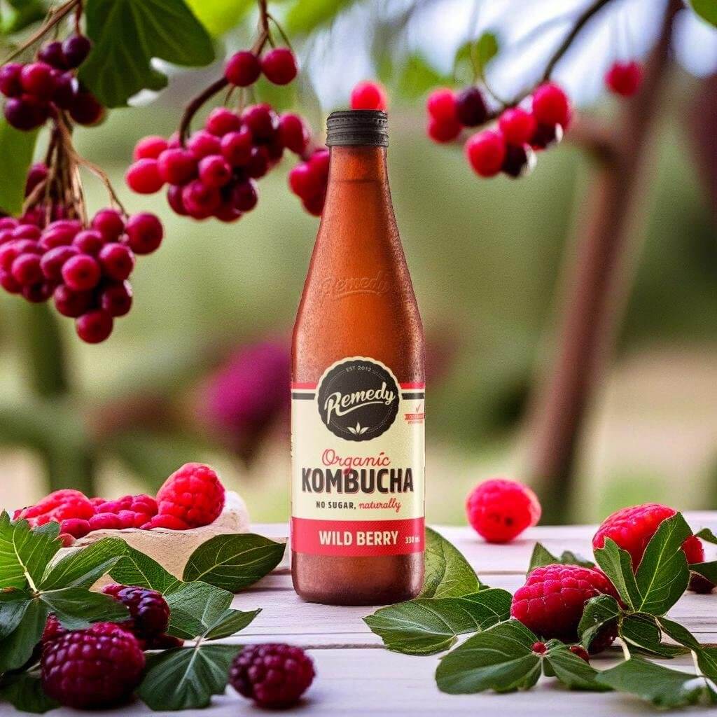 A product Standing on a wooden table, surrounded by wild berries in a fruit farm, natural light, product photography