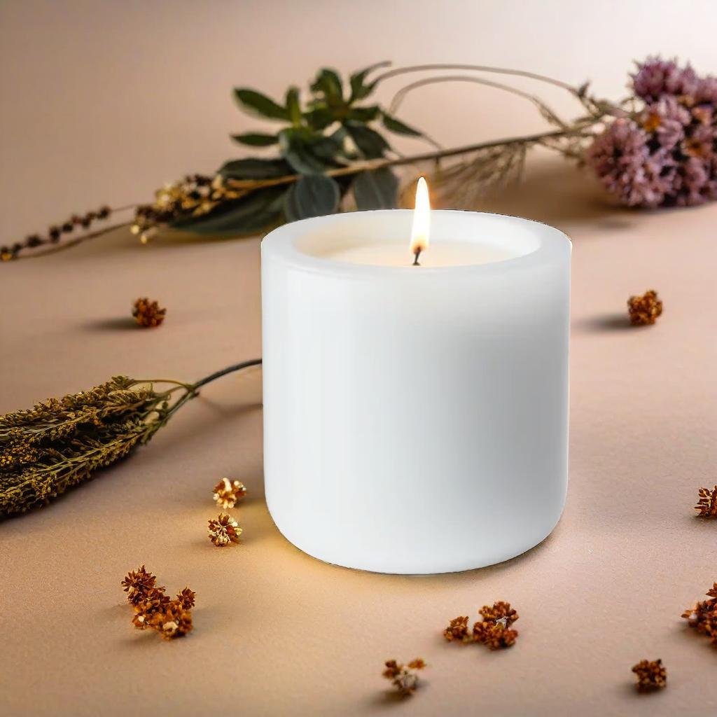 A product on a beige table, surrounded by dried flowers, studio photography