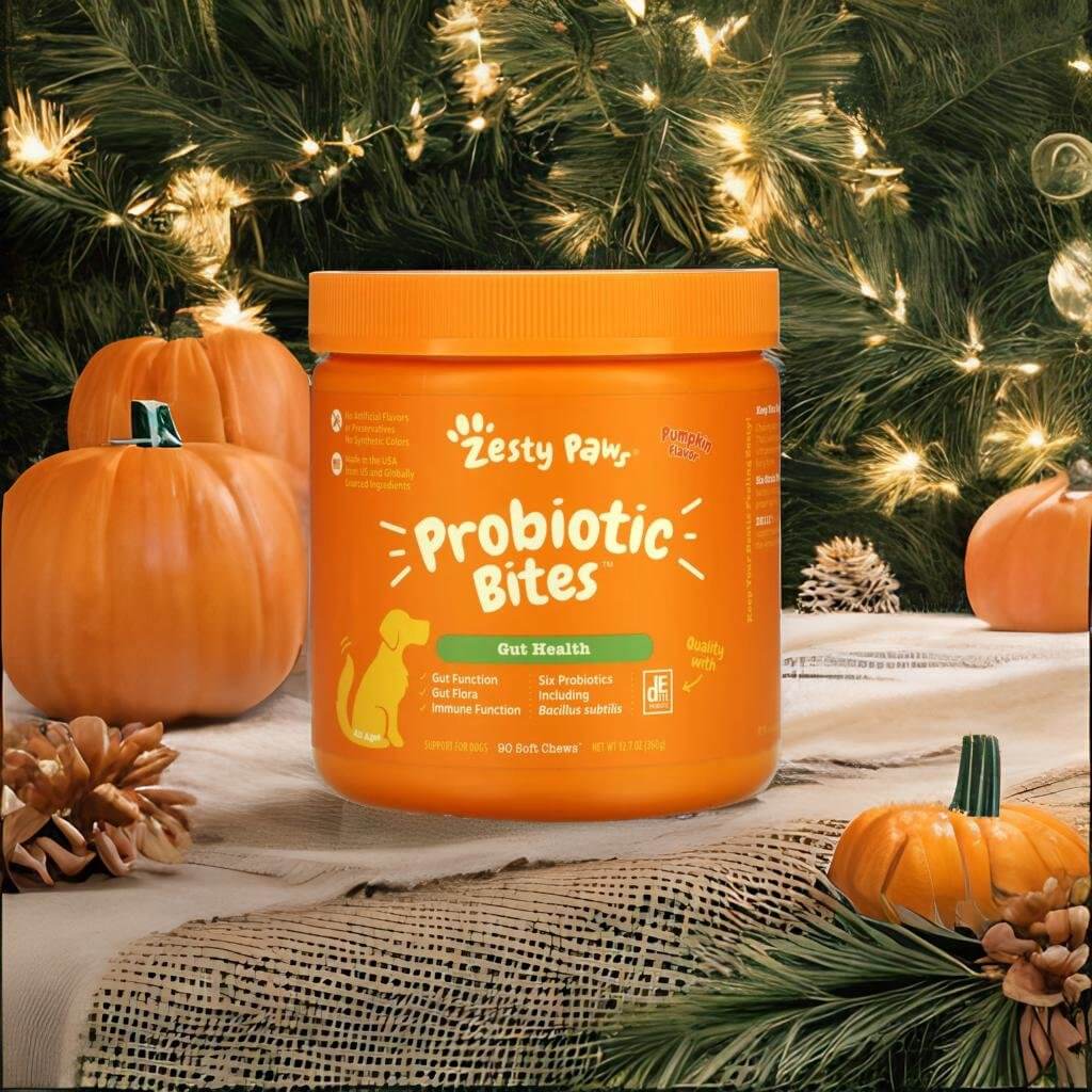 A product standing on a table, pumpkins in the background, product photography