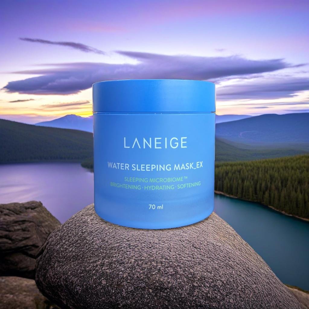 A product standing on a rock, forest and mountains in the background, purple sky