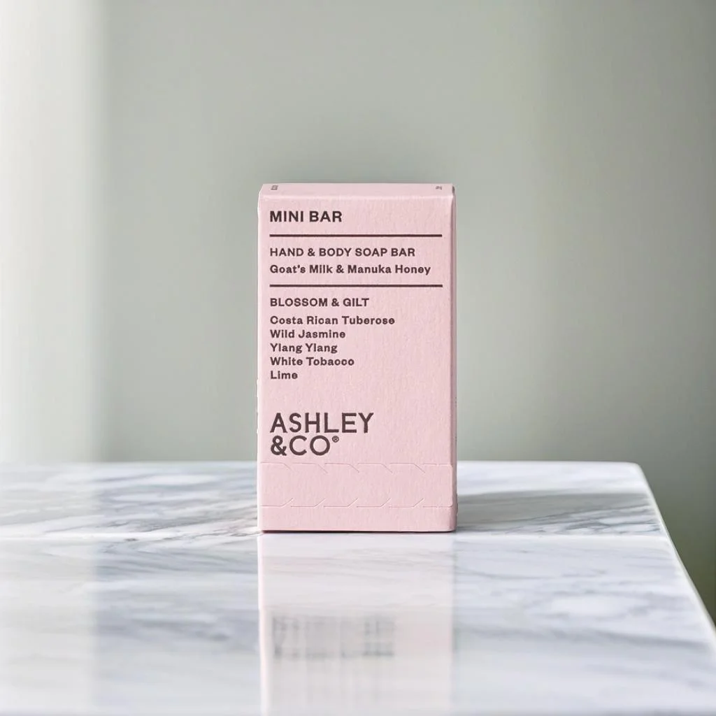 A product standing on a white marble table